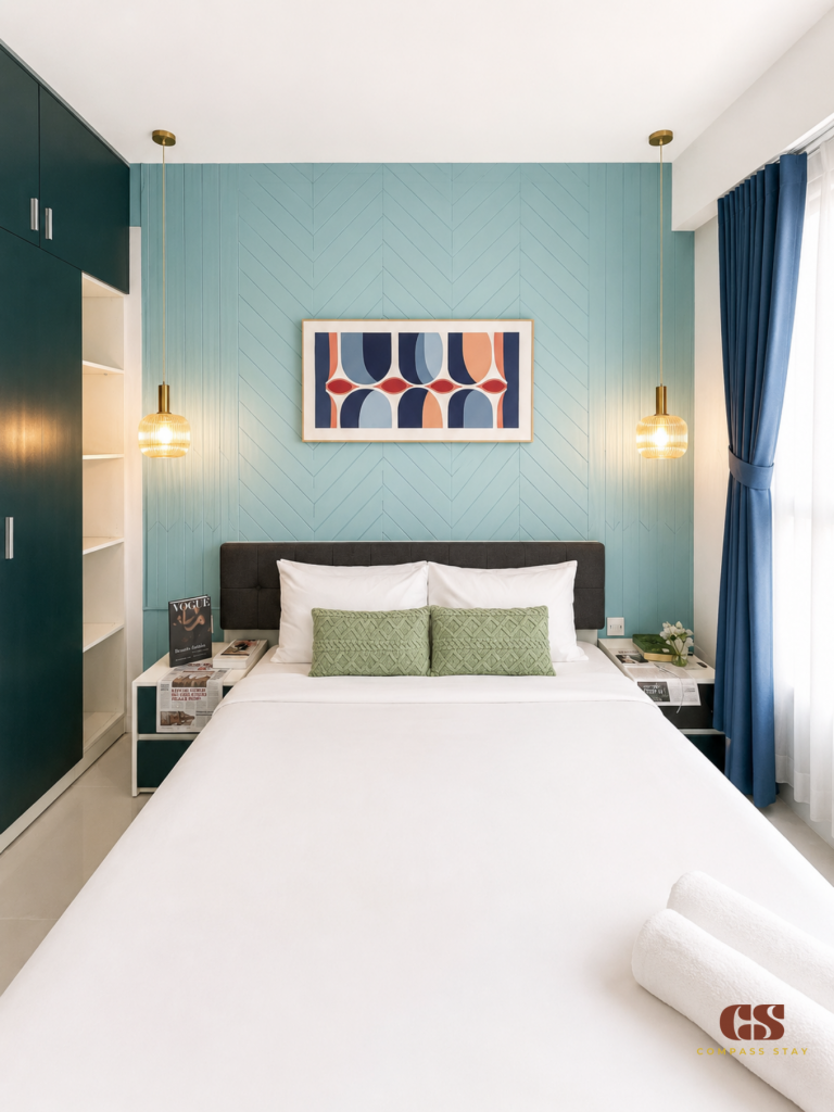 Two-bedroom serviced apartment in District 1 HCMC with a private living room for long-stay guests.